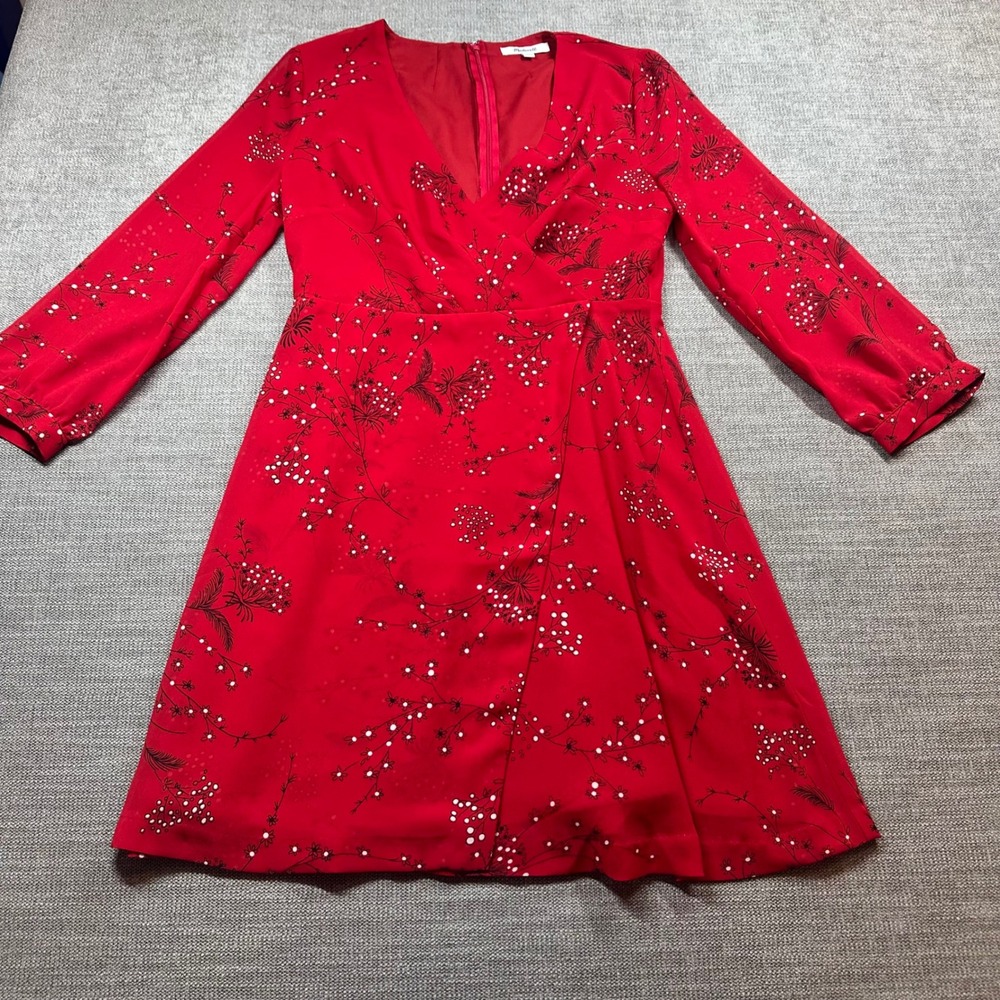 Madewell Floral Mini Dress Women 4 Red  Long Sleeve V-Neck Wrap‎ Style